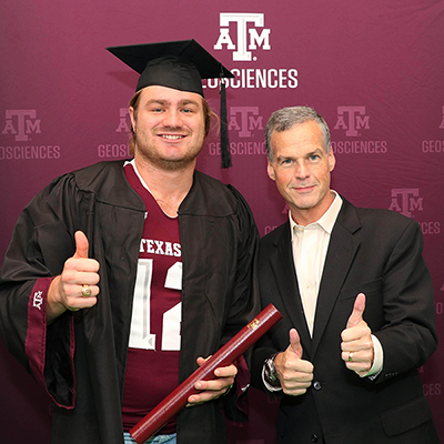 Gary Reynolds and geosciences former student and Texas A&M Football athlete Cullen Gillaspia '18. (Photo by Chris Mouchyn.)