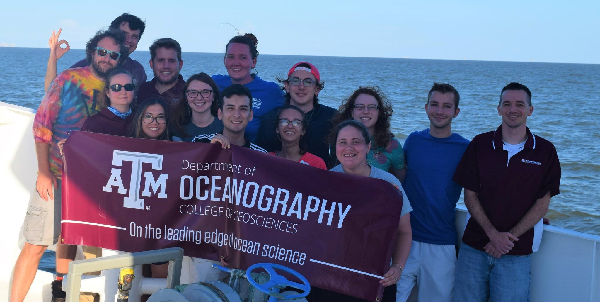 Group photo of 2018 REU students aboard R/V Pleican. (Photo from REU blog)