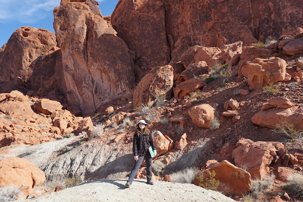 Student stands before Aztec sandstone in Valley of Fire State Park, NV. (Photo courtesy of Dr. Brian Balta.)