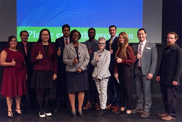 Texas A&M’s 2019 3MT finalists join Dr. Karen Butler-Purry (center), associate provost for graduate and professional studies. (Photo courtesy of Texas A&M OGAPS.)