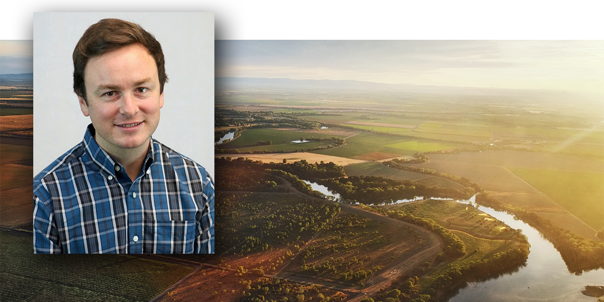Dr. George Allen, assistant professor of geography, and an aerial photo of the Sacramento River. (Photo: iStock.)