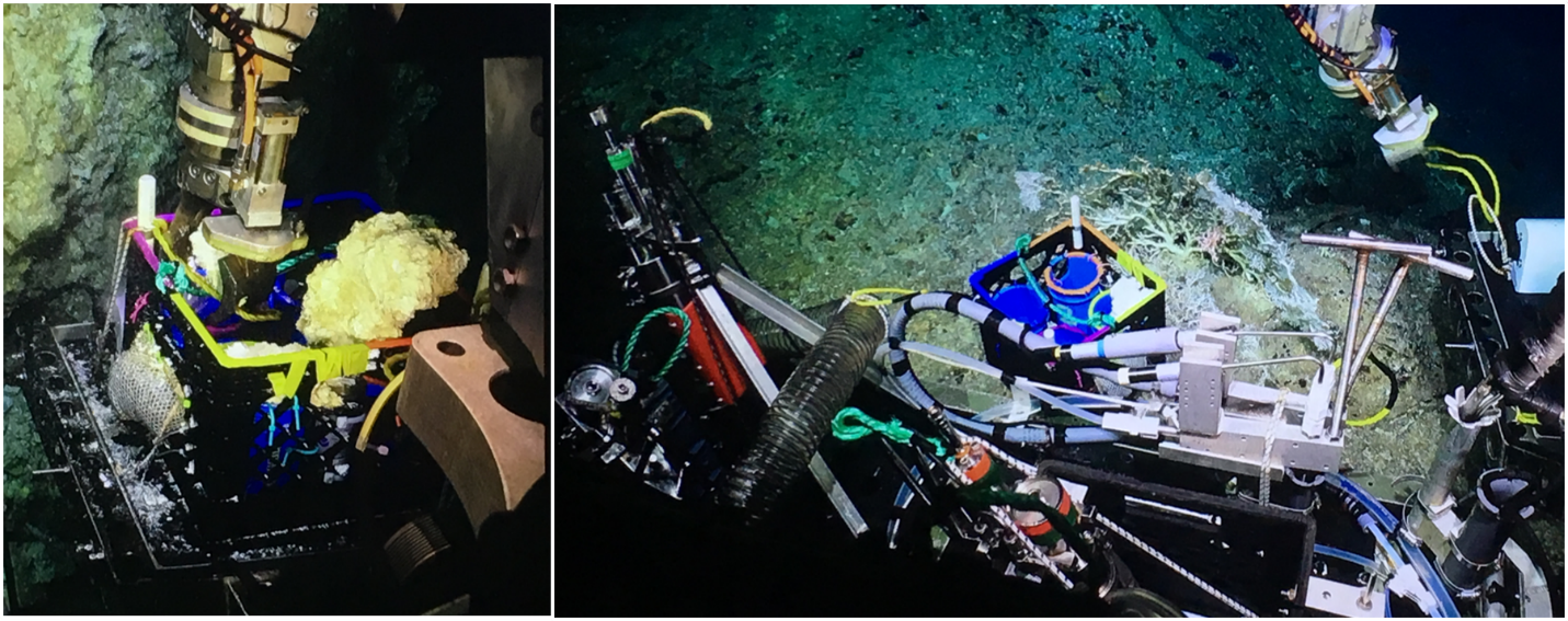 Screen capture of a video log recorded with ROV Jason, onboard the R/V Atlantis depicting (left) the active chimney samples obtained with ROV Jason being placed into the incubation crate, and (right) the non-diffuse site at which the incubation was placed. (Image Credit: Scientific Party of AT42-01 Cruise onboard the R/V Atlantis. Chief Scientist: Susan Lang. Copyright Woods Hole Oceanographic Institute.)