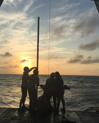 Collecting cores from Hine's Blue Hole on Cay Sal Bank, The Bahamas on the M/V Alucia (Photo by Nicole D'Entremont.)