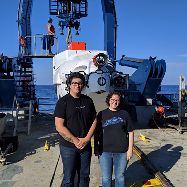 Charles Holmes II with his co-observer Kate Campbell, a graduate student at TAMU-Galveston, in front of HOV Alvin.
