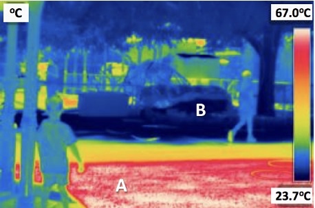 Example of playground with two distinct environments shown in the infrared spectrum. A) Sun-exposed artificial turf, which increases the overall long and shortwave radiation felt by a child; B) Shaded sandbox under large tree, which decreases the short and longwave radiation and lowers average surface temperature. (Credit: Dr. Jennifer Vanos)