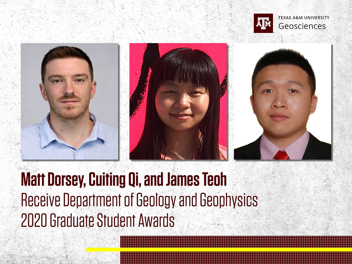 Texas A&M University Department of Geology and Geophysics graduate student awards for undergraduate teaching, research, and best research paper were announced onDec. 8 during the department end-of-semester Virtual Gathering. Matt Dorsey received the Teaching Award, and James Teoh received the Research Award. Cuiting Qi was awarded the award for Best Research Paper Award, for her paper titled, “Influence of time-dependent ground surface flux on aquifer recharge with a vadose zone injection well” in the Journal of Hydrology, May 2020. 
Qi’s research focuses on the theme of vadose zone well (VZW) injection, a promising technique to implement managed aquifer recharge in semiarid and arid regions. Her study includes a time-dependent ground surface flux (GSF) generated by surface infiltration or evapotranspiration in the analytical model of a VZW to establish an innovative mathematical model. The obtained solutions are utilized to assess the influences of time-dependent GSF generated by infiltration or evapotranspiration. The proposed semi-analytical solutions can serve as guidance for VZW design and management and provide a solid contribution in the subsurface hydrology.
“I would like to thank the Department of Geology and Geophysics, College of Geosciences, and Texas A&M University for the award; it represents great recognition and encouragement for my work,” Qi said. “I would also like to thank my advisor, Dr. Hongbin Zhan, for his guidance and support in completing the paper.”
Teoh’s research revolves around examining the mineralogical controls on dolomitization, and how dolomitization can affect fluid flow in carbonate deposits. More specifically, he studies how the starting material for dolomitization can affect the reaction rate, texture, and stoichiometry of the dolomite produced. These findings are then translated to an outcrop model to run flow simulations on to understand how dolomitization affects fluid flow. This research has potential implications on the observation of selective dolomitization in nature, and on the optimization of petroleum production from dolomitized reservoirs.
“Winning this award was a pleasant surprise, and a strong reassurance that my research is meaningful and deserving of merit,” Teoh said. 
"When a student answers their own question shortly after stating it, this ultimately means they have learned something they didn’t even realize they had learned,” Dorsey said. “I take pride in sparking these types of student experiences and strive to facilitate a learning environment where all students can gain the confidence to make data-driven interpretations and decisions of their own.”
“The department is justifiably proud that all our graduate students, as notably exemplified by the award recipients, have shown tremendous perseverance and resilience in their research efforts and execution of their teaching duties this past year," said associate department head for graduate affairs, Dr. Mark Everett. 

By Ali Snell
